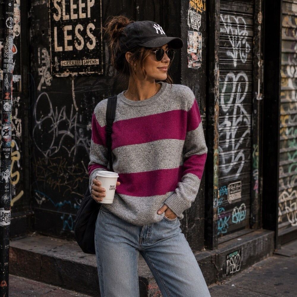 Armani Jeans Alpaca Wool Knit Sweater Gray Hot Pink Striped Long Sleeve S